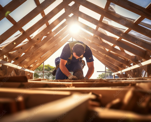 a male building tradesman works on a wooden roof structure with Generative AI