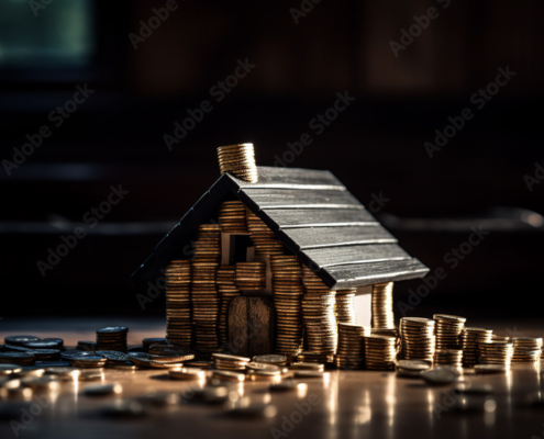 A metallic model house on a table made from gold and silver coins against a dark background. A.I. generated.