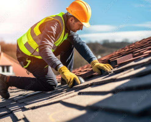 Construction worker with safety hardhat working on roof tiles installation. Generative AI