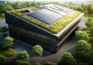 green roof and solar panels on eco-friendly factory building, created with generative ai