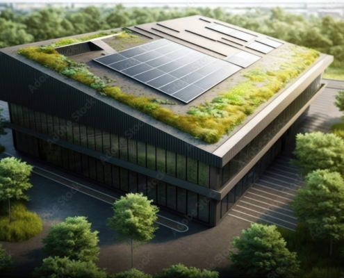green roof and solar panels on eco-friendly factory building, created with generative ai
