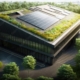 green roof and solar panels on eco-friendly factory building, created with generative ai