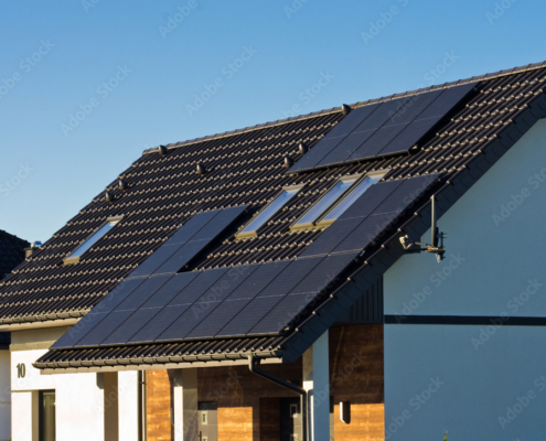 Modern solar panels on the roof of private house