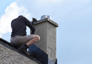 Roofer construction worker repairing roof flashing around chimney on grey slate shingles roof of domestic house, blue sky background with copy space.