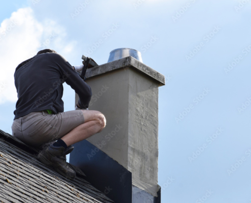 Roofer construction worker repairing roof flashing around chimney on grey slate shingles roof of domestic house, blue sky background with copy space.