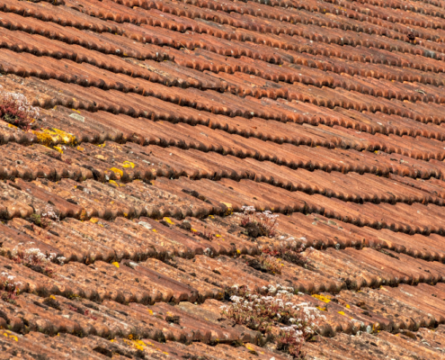 Sagging rustic French roof tiles, full frame construction background texture