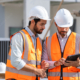 Team engineer and architects are meeting to plan for new project measuring layout of building blueprints in construction site,Construction residential new house in progress at building site.