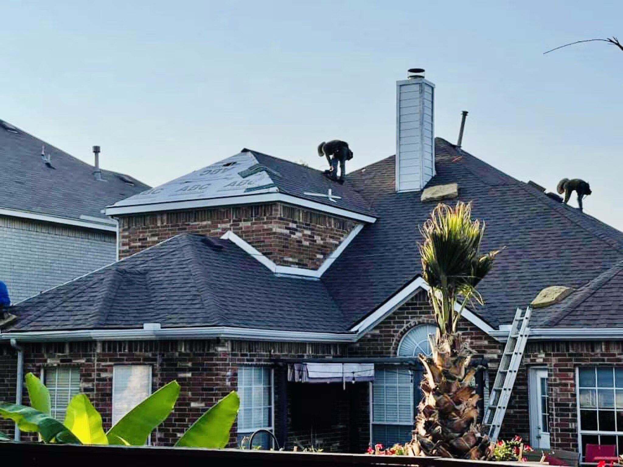 Roofing crew installing shingles over synthetic underlayment on a brick home with a ladder in place